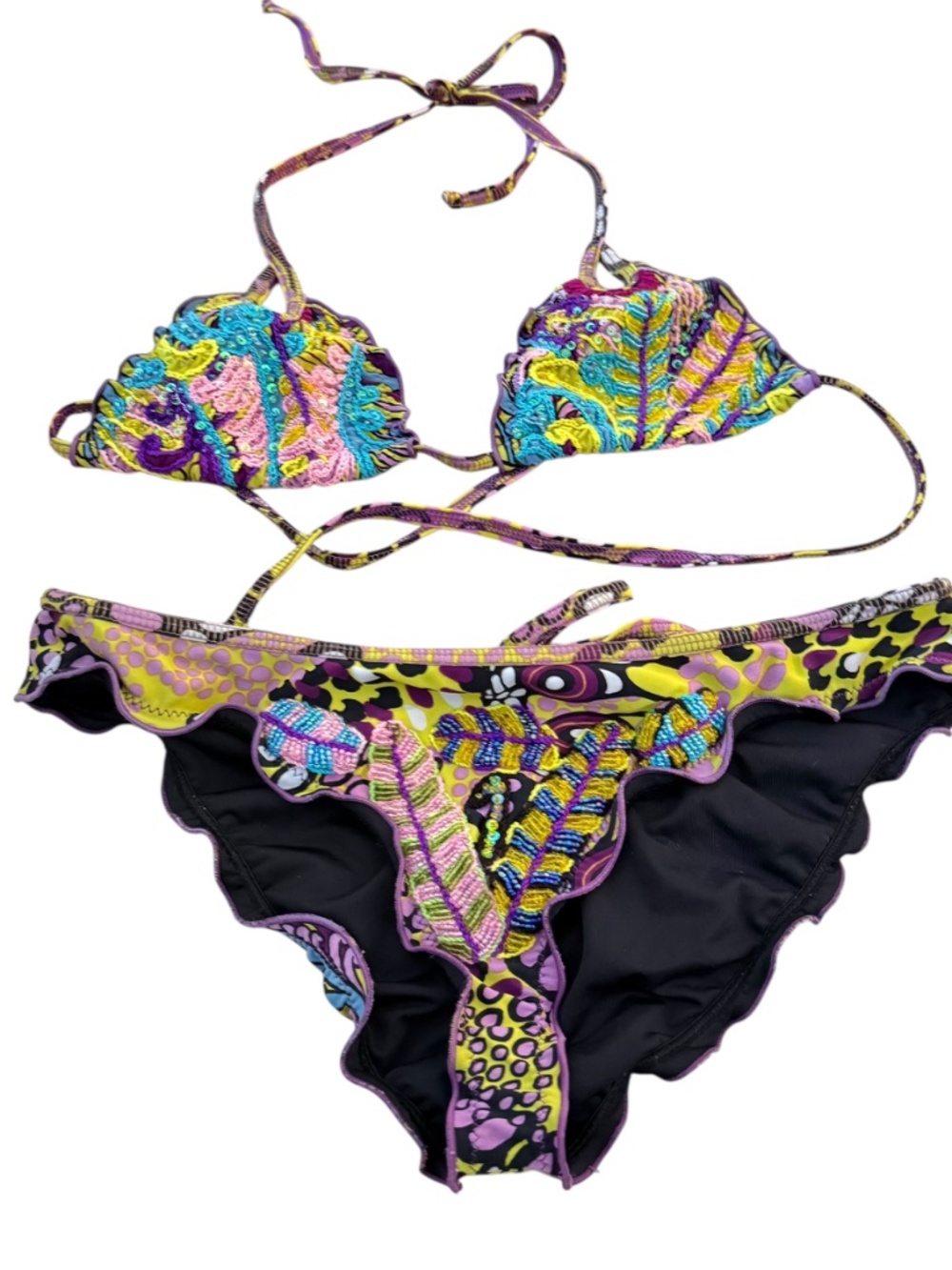 Agua Bendita bikini triangle ruffled bottom sequin multicolor M medium